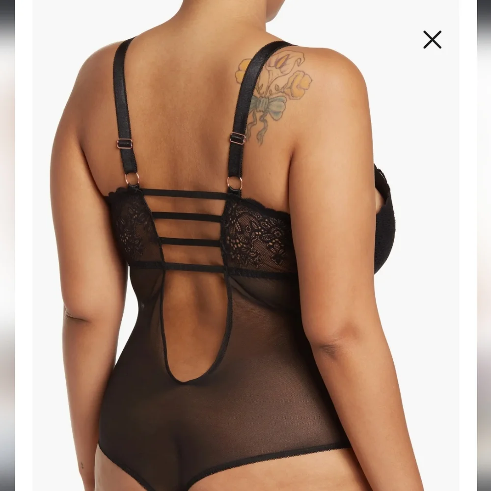 Rachel Roy Curvy Lace High Cut Teddy Bodysuit Black 1X NWT Sheer Lingerie - Picture 2 of 10